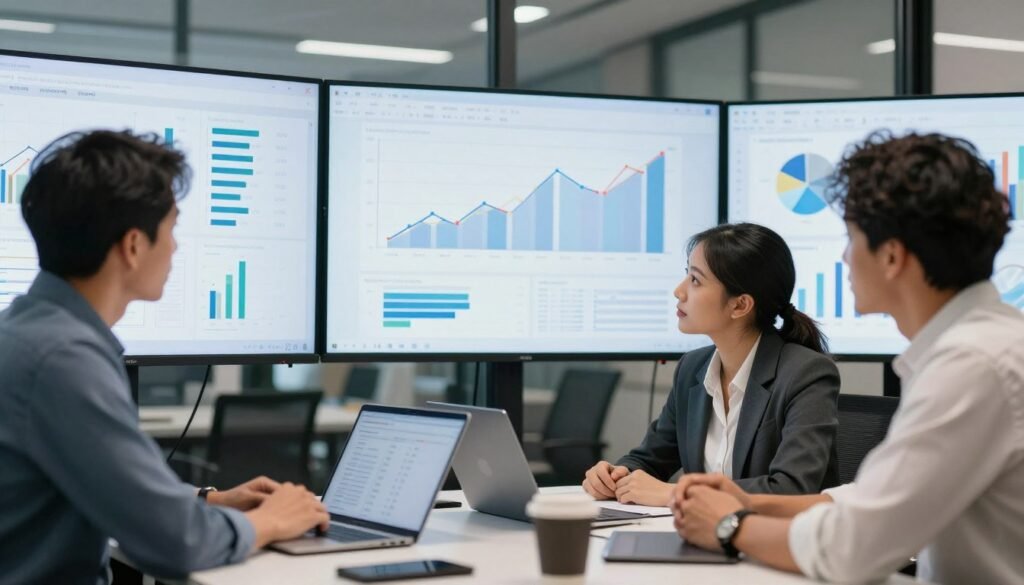 Business professionals analyzing economic data charts