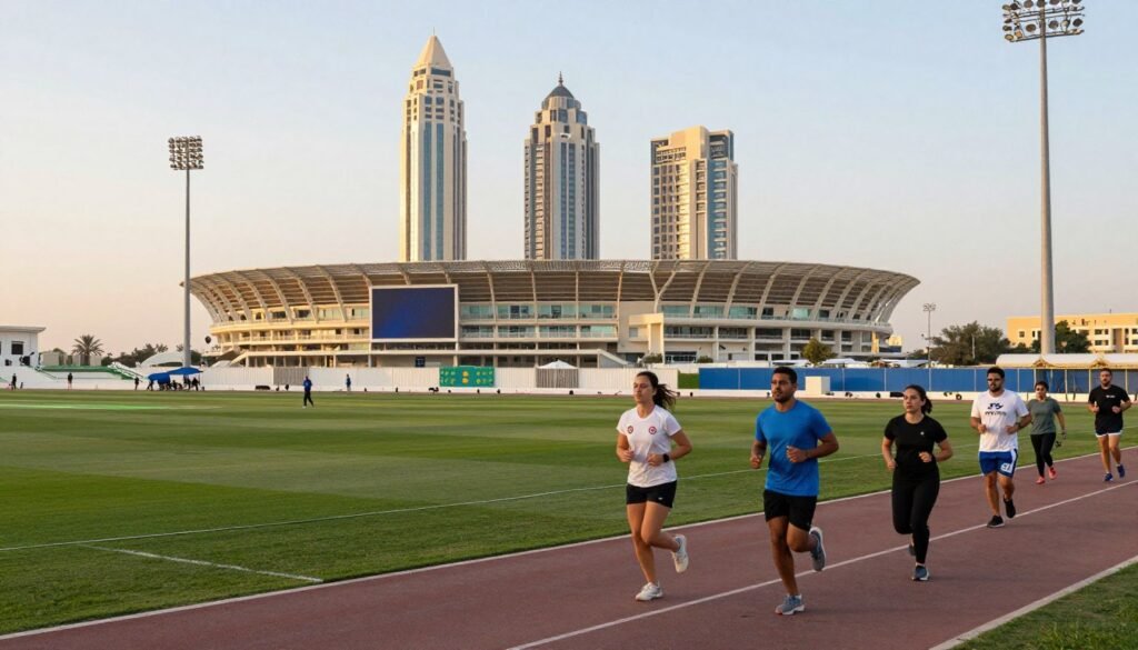 Dubai Sports City stadium and residential apartments with sports facilities