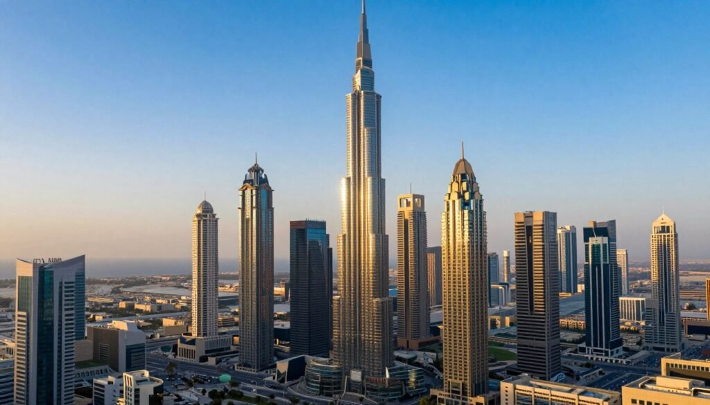 Dubai skyline with modern financial district towers representing UAE economy 2026 growth