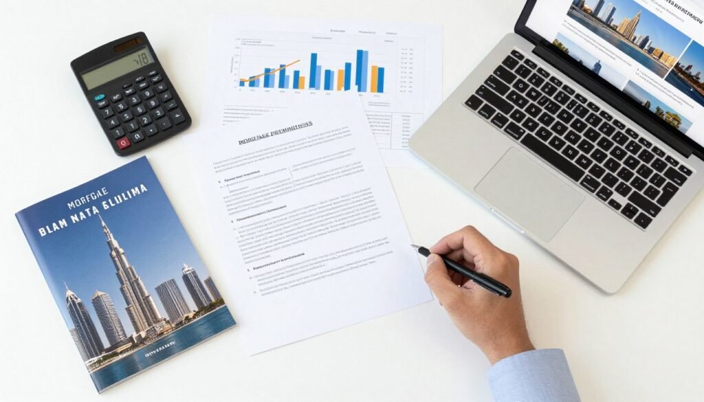 Financial planning documents and calculator for Dubai property purchase