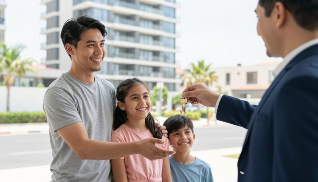 Happy family receiving keys to their new affordable Dubai property