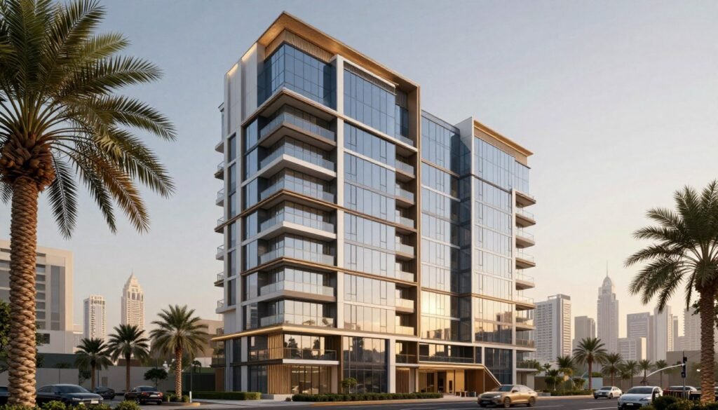 Modern affordable luxury apartment building in Dubai with skyline view under AED 1 million