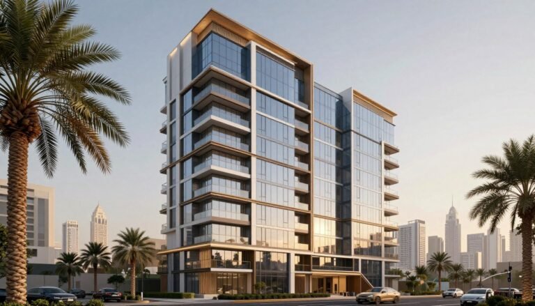 Modern affordable luxury apartment building in Dubai with skyline view under AED 1 million