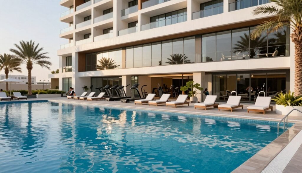 Swimming pool and gym amenities in affordable Dubai residential building