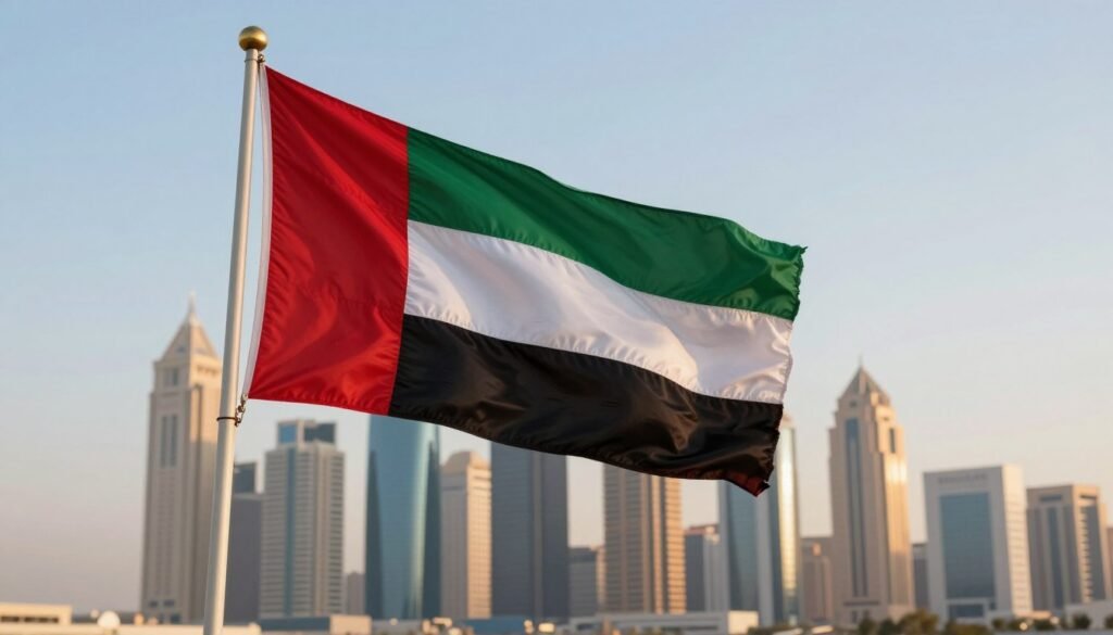 UAE flag waving with modern skyline background
